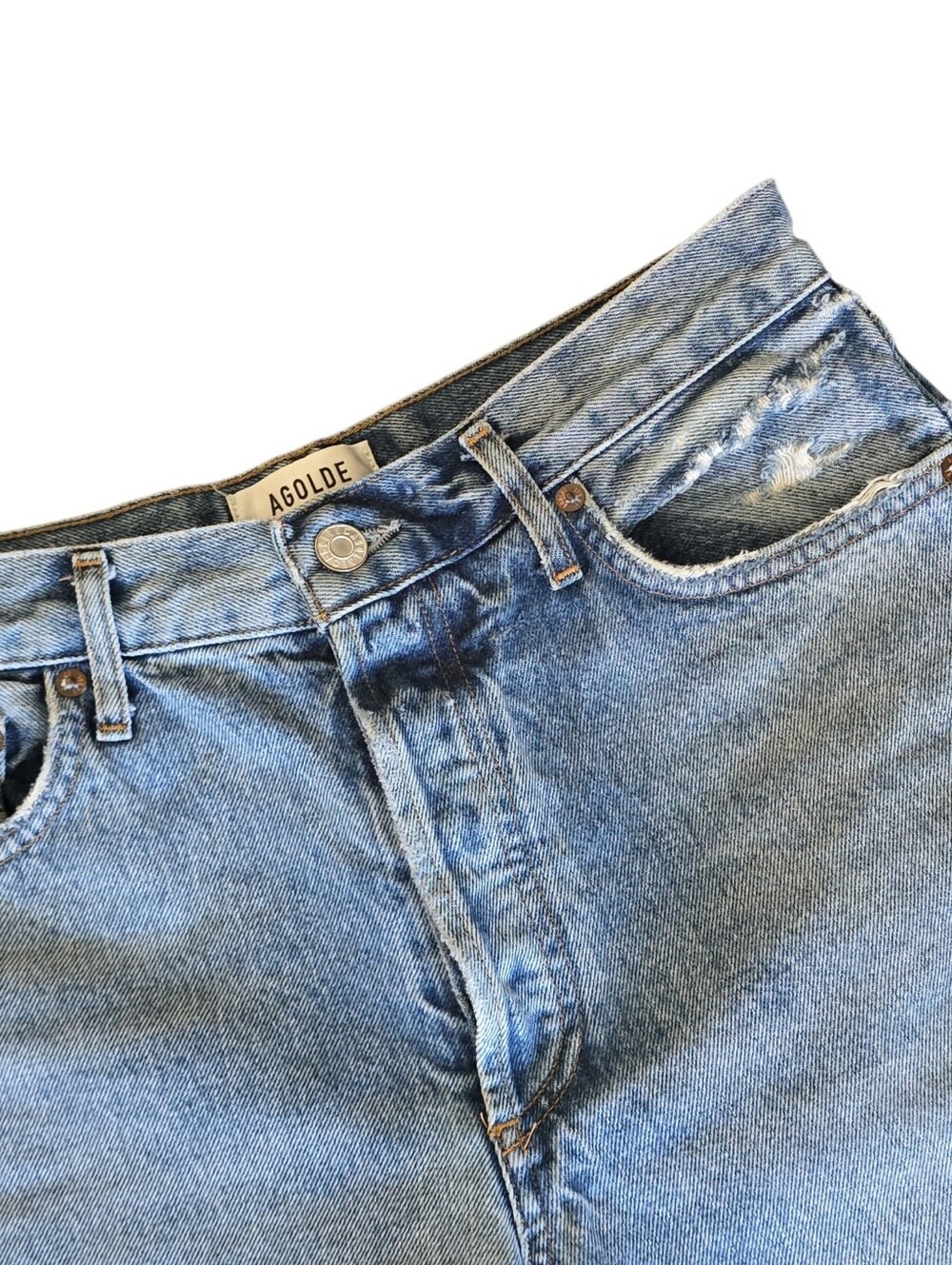 AGOLDE High-Rise Cropped Fly Button Distress Straight Leg Denim Jeans Size 27 - Picture 3 of 10